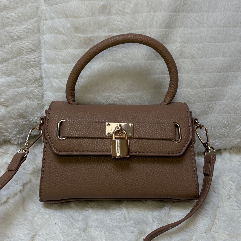 Beige Mini top handle Handbag with Gold Lock crossbody